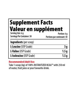 Supplement facts panel of Pro Line Instantized BCAA 50 Servings Serving Size: 6 g