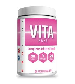 One white and pink container of Pro Line Vita Pak Womens Complete Athlete Formulo 30 Packs