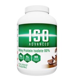 One white and green container of ProLine IsoAdvanced Chocolate flavour 5 lbs Natural